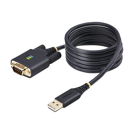Schwarzes USB-zu-RS232-Kabel mit Steckern an beiden Enden. Der Stecker zeigt leuchtende grüne, blaue und gelbe Lichter.