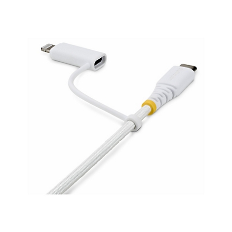 Câble de chargement blanc pour appareil Apple. Connecteur Lightning et connecteur USB-C, câble tressé avec anneau jaune.