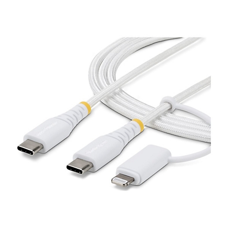 Câble USB-C vers Lightning blanc. Le câble a un aspect tressé et des accents jaunes.