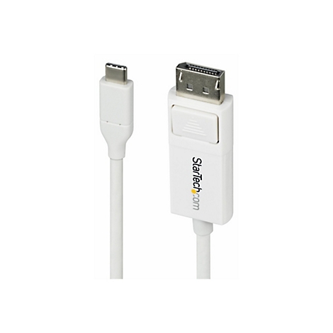 Un câble blanc avec deux connecteurs, l'un est un connecteur USB-C, l'autre un connecteur DisplayPort. StarTech.com est écrit sur le plus grand connecteur.