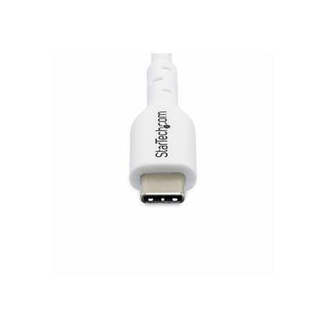 Gros plan d'un câble USB-C blanc. Le connecteur est en bas, avec « StarTech.com » en lettres noires.