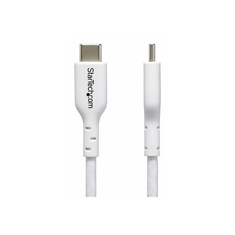 Câble USB-C blanc de StarTech.com. Les deux extrémités sont présentées en détail. Le connecteur USB-C à gauche est argenté. L'autre connecteur est une prise pour l'alimentation.