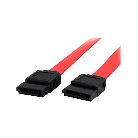 Rotes SATA-Kabel mit schwarzen Steckern. Detailaufnahme vor weißem Hintergrund.