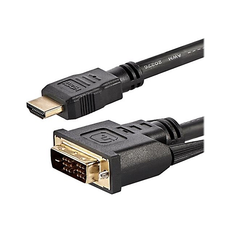 Ein HDMI-auf-DVI-Kabel mit schwarzen Steckern. HDMI-Anschluss oben, DVI-Anschluss unten. Kabelfarbe: Schwarz.