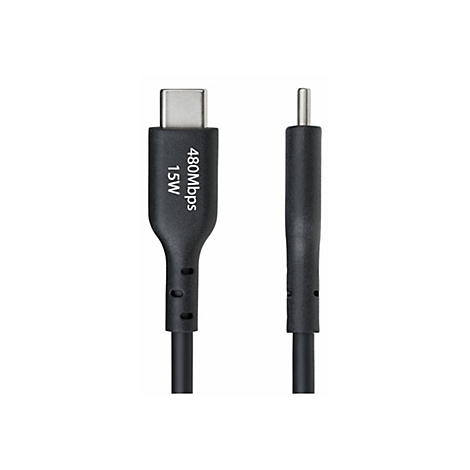 Câble USB-C noir avec texte : 480 Mbit/s 15 W.