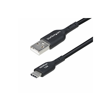 Câble USB noir avec connecteurs USB-A et USB-C. "StarTech.com" est écrit sur un connecteur, "480Mbps 15W" sur l'autre.