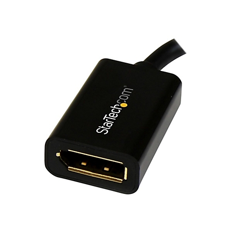 Schwarzer DisplayPort-Adapter, mit StarTech.com Logo. Der Adapter hat eine goldfarbene Buchse.