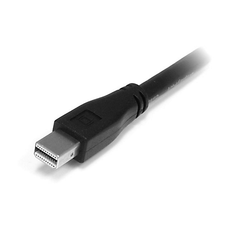 Nahaufnahme eines schwarzen Mini-DisplayPort-Kabels. Stecker und Kabel sind vor weißem Hintergrund zu sehen.