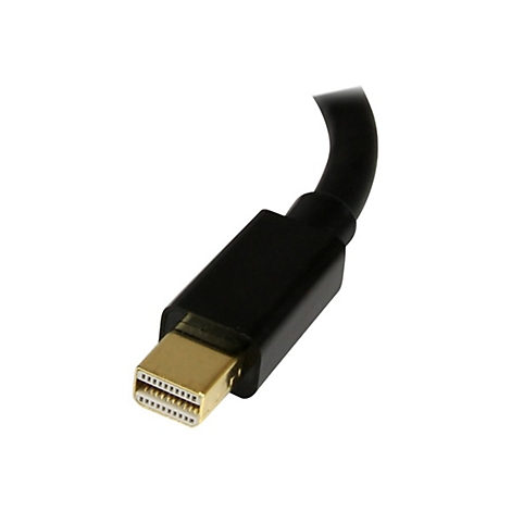Nahaufnahme eines schwarzen Mini-Displayport-Kabels mit goldfarbenem Stecker, isoliert auf weißem Hintergrund.