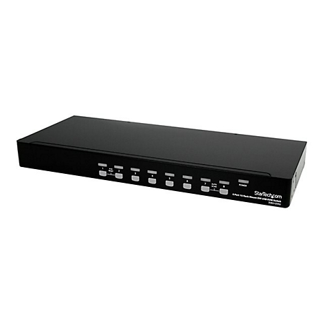 Schwarzer KVM-Switch mit Tasten fÃ¼r EingÃ¤nge. StarTech.com Logo und Produktbezeichnung sind sichtbar.