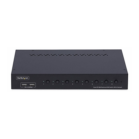 Commutateur KVM noir et rectangulaire avec logo StarTech.com, ports USB et 8 boutons de port.