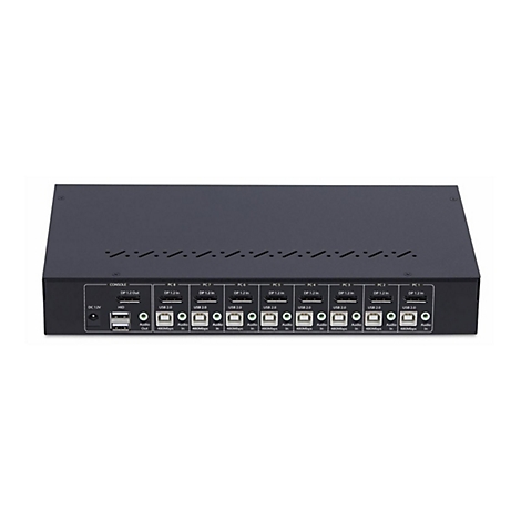 Commutateur KVM noir avec de nombreux ports pour moniteurs, USB et audio.