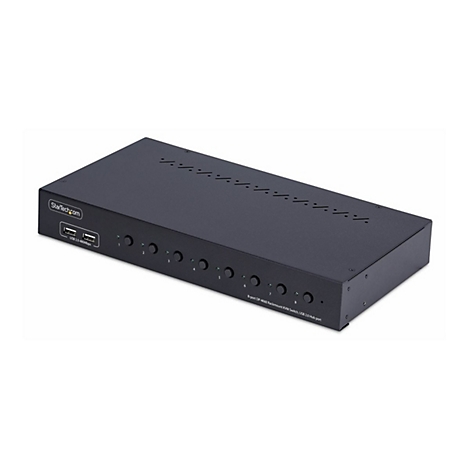 Commutateur KVM noir de StarTech.com avec ports USB, huit boutons de sélection et étiquetage du produit.
