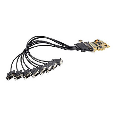 Ein schwarzes Kabel mit mehreren D-Sub-AnschlÃ¼ssen, verbunden mit einer Leiterplatte.