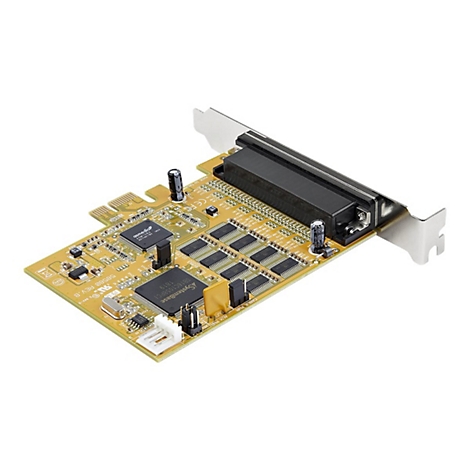Eine goldfarbene Computerkarte mit Chips, AnschlÃ¼ssen und einer metallenen Halterung. Auf dem Chip steht SATA.