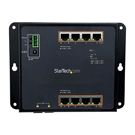 Schwarzer Netzwerk-Switch mit Anschlüssen, LED-Anzeigen und der Aufschrift "StarTech.com".