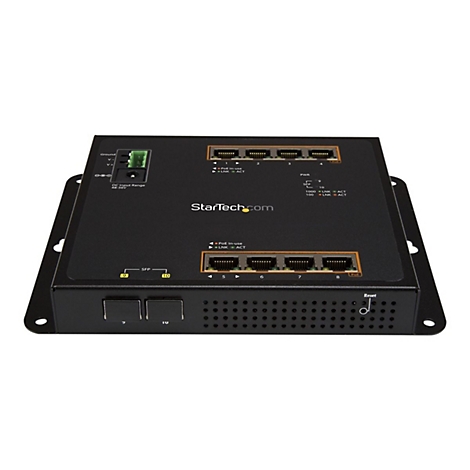 Schwarzer Netzwerk-Switch mit Anschlüssen, Beschriftungen und StarTech.com Logo.