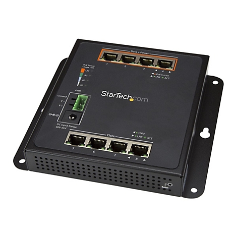 Commutateur réseau noir avec ports et indicateurs. Les étiquettes incluent : "Data + Power", "StarTech.com", "Reset".
