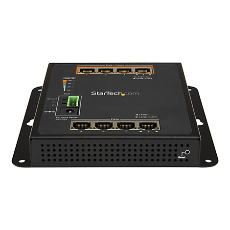Commutateur réseau noir avec ports et indicateurs. Le logo StarTech.com est clairement visible. Ports pour données et alimentation.