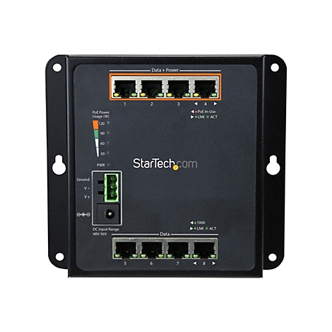 Schwarzer Netzwerkswitch mit Ports und Anzeigen. Oben: 4 Ports, Beschriftung "Data + Power". Unten: 4 Ports, Beschriftung "Data". Logo StarTech.com.
