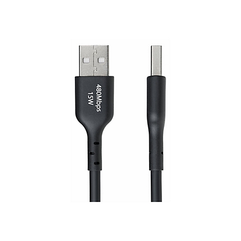 Un câble USB noir avec des connecteurs USB-A et USB-C. Le connecteur USB-A indique '480Mbps 15W'.