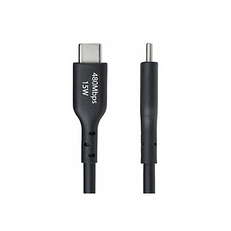 Un câble USB-C noir avec le texte : 480 Mbps 15W.
