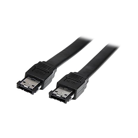 Zwei schwarze SATA-Datenkabel liegen nebeneinander. Die Stecker sind rechteckig mit silbernen Metallkontakten.