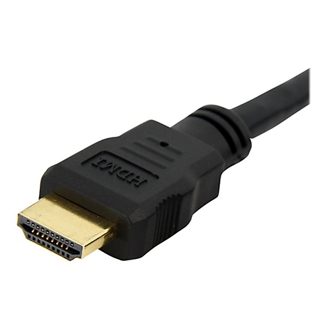 Nahaufnahme eines schwarzen HDMI-Kabels mit goldenem Anschluss. Der Schriftzug "HDMI" ist auf dem Stecker zu sehen.