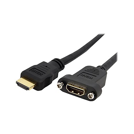 Ein schwarzes HDMI-Kabel mit Steckern an beiden Enden. Ein Stecker mit goldenen Pins, der andere mit Schrauben.