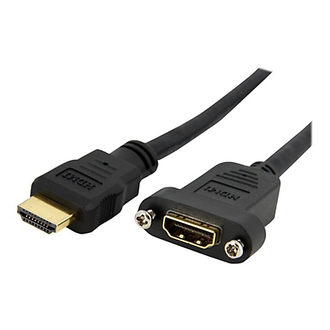 Schwarzes HDMI-Kabel mit Steckern; goldfarbene Kontakte.