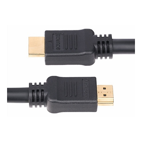 Deux câbles HDMI noirs avec des connecteurs dorés, avec les inscriptions "Source" et "StarTech.com".