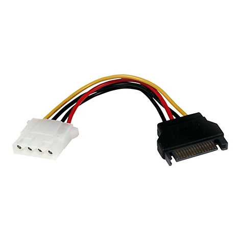 Un câble adaptateur d'alimentation SATA. Sur fond blanc. Connecteur noir, connecteur blanc avec fils jaunes, rouges et noirs.
