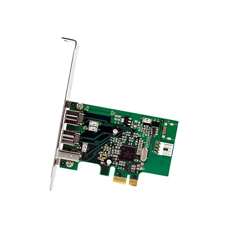 Une carte PCI-Express verte pour ports USB 3.0 sur fond blanc. La carte comporte des supports métalliques, plusieurs puces et connecteurs.