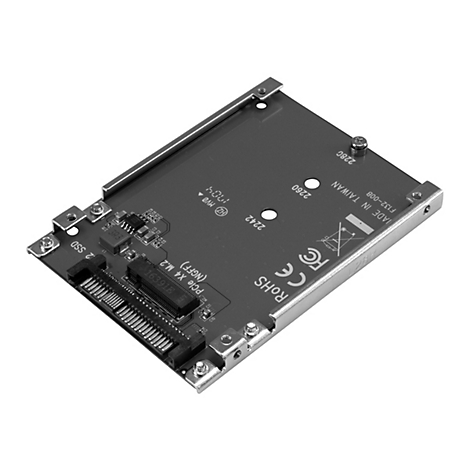 Un circuit imprimé noir pour un SSD avec un cadre métallique, des vis et divers composants. Texte imprimé : PCIe X4 M.2, RoHS, CE, Made in Taiwan.