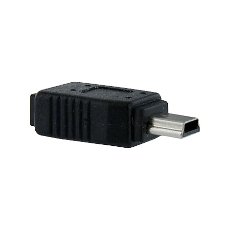 Adaptateur mini USB noir avec connecteur argenté sur fond blanc.