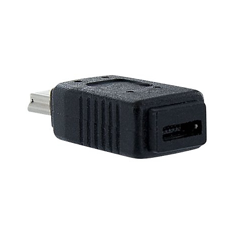 Adaptateur mini USB noir avec connecteur argenté sur fond blanc.