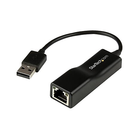 Adaptateur USB vers Ethernet noir ; prise USB, cÃ¢ble, prise Ethernet. Inscription : StarTech.com.