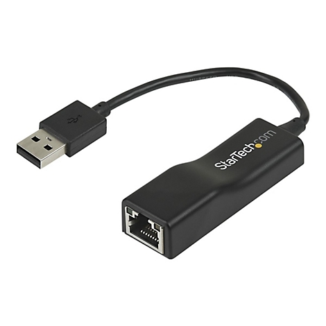 Adaptateur USB vers Ethernet noir avec connecteur USB et port Ethernet, reliÃ©s par un cÃ¢ble noir. Sur l'adaptateur, il est Ã©crit StarTech.com.