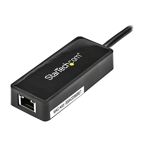 Adaptateur rÃ©seau noir avec logo StarTech.com, port RJ45 et cÃ¢ble.