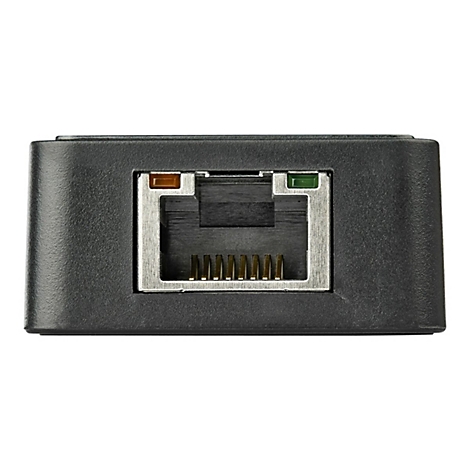 Gros plan d'un adaptateur rÃ©seau noir avec un connecteur RJ45 gris. Des indicateurs orange et vert marquent les ports.