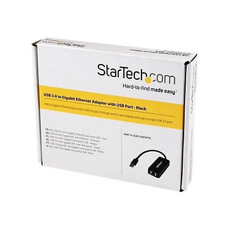 Emballage de produit blanc avec le logo StarTech.com et les mots 'USB 3.0 to Gigabit Ethernet Adapter'.