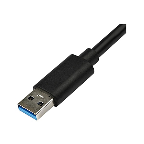 Gros plan d'un cÃ¢ble USB noir avec insert bleu sur la prise.