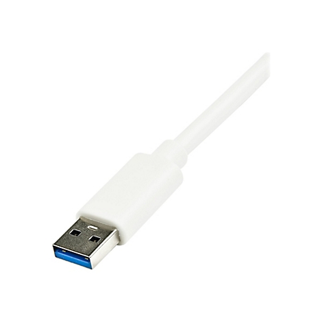 Un cÃ¢ble USB blanc, prise avec insert bleu, sur fond blanc.