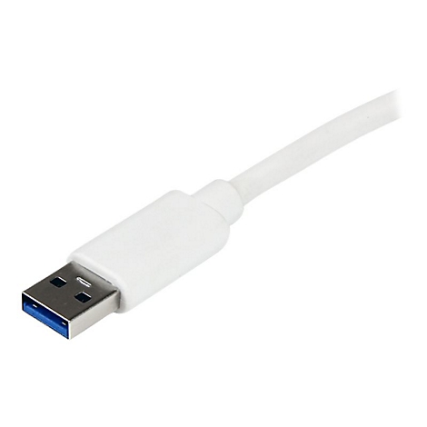 Gros plan d'un cÃ¢ble USB blanc. Le connecteur a un insert bleu.