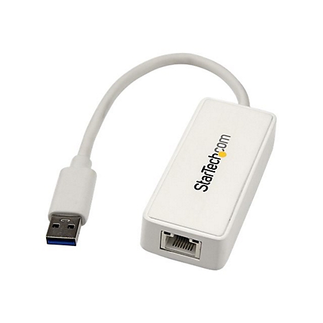 Adaptateur USB vers Ethernet blanc avec le logo StarTech.com. Prise, cÃ¢ble et connecteur RJ45 sont clairement visibles.