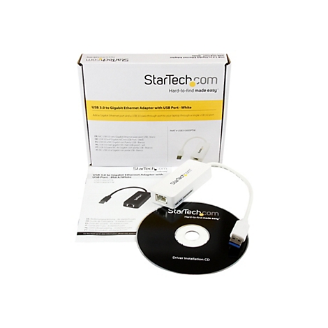 Adaptateur USB 3.0 vers Gigabit Ethernet avec accessoires, boÃ®te et CD.
