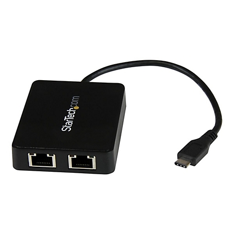 Adaptateur USB-C noir avec deux ports RJ45 et le logo StarTech.com.