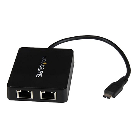 Adaptateur noir avec deux ports RJ45, cÃ¢ble USB-C et logo StarTech.com. Sur fond blanc.