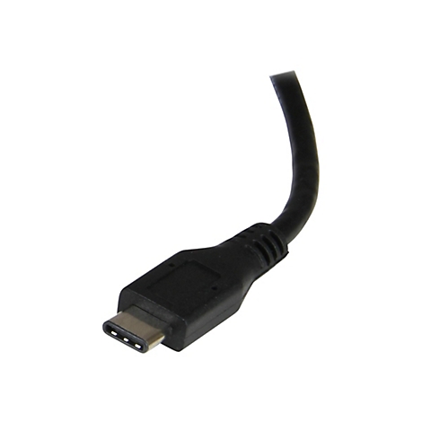 CÃ¢ble USB-C noir avec trois broches Ã  l'extrÃ©mitÃ©. Le fond est blanc.