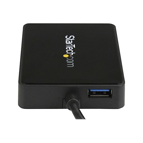Hub USB noir, StarTech.com, avec un port USB 3.0 et un cordon d'alimentation, sur fond blanc.